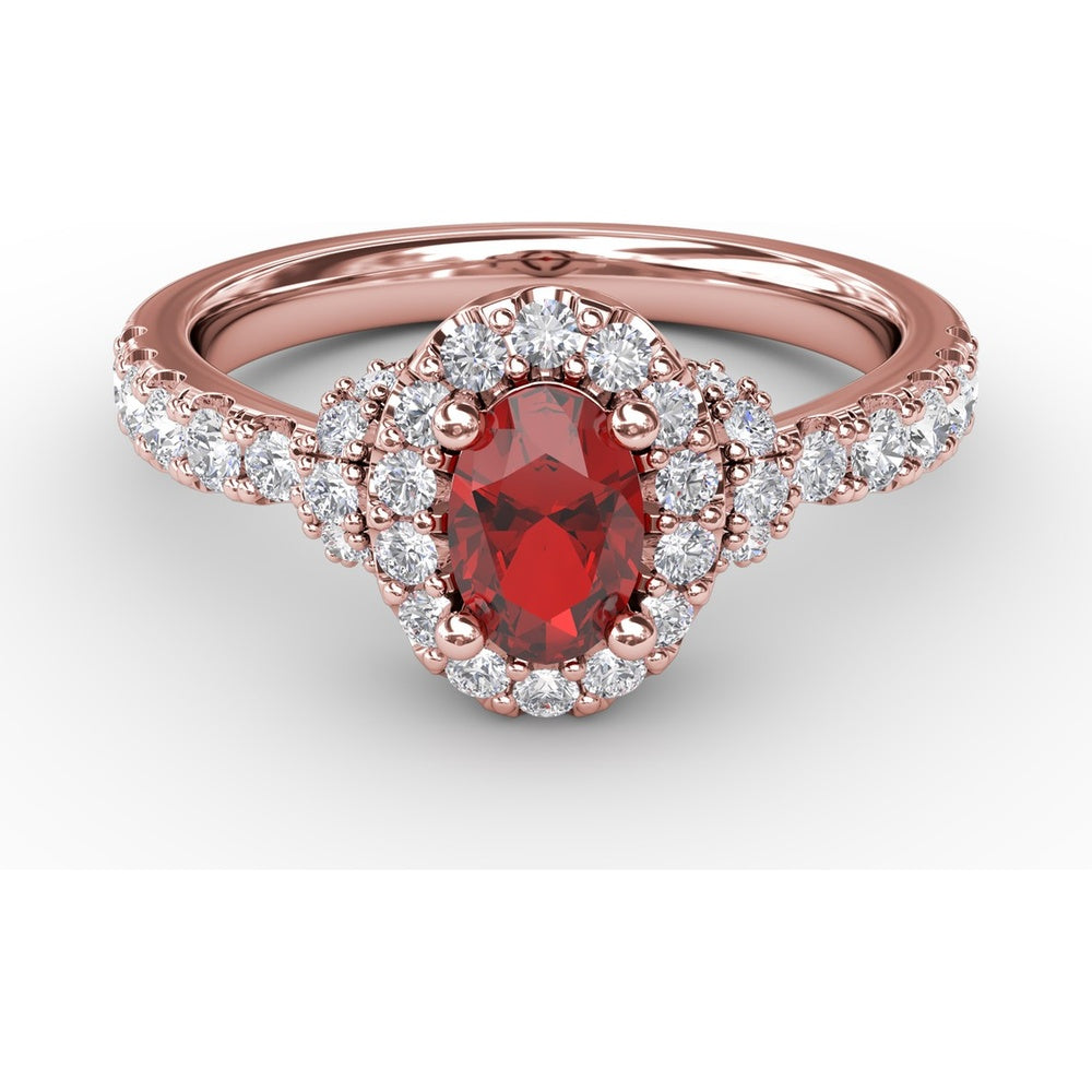 Double Halo Ring with Oval Ruby and Pavé Split Shank Diamonds by Fana - 1.20 Carat Total Gemstone Weight