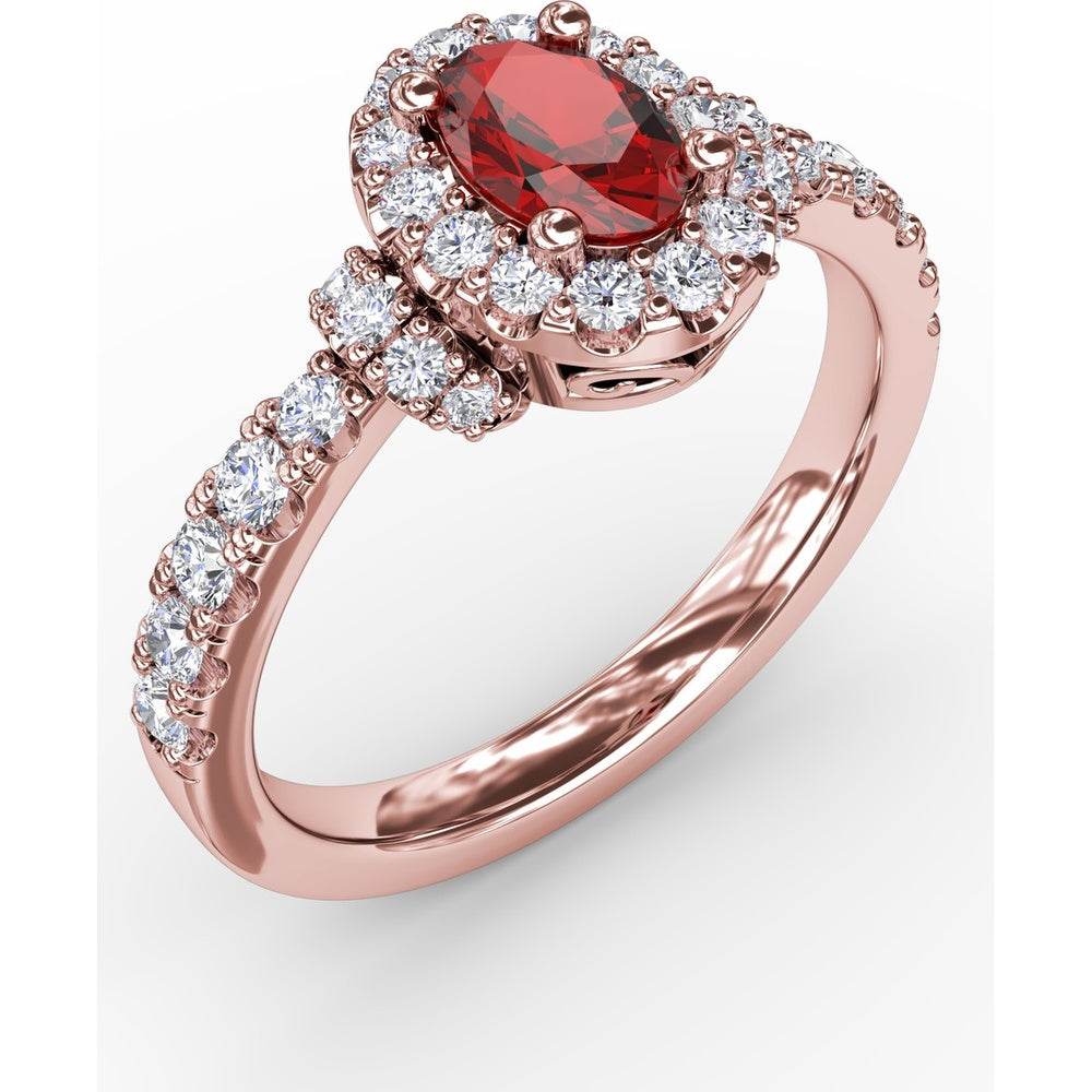 Double Halo Ring with Oval Ruby and Pavé Split Shank Diamonds by Fana - 1.20 Carat Total Gemstone Weight