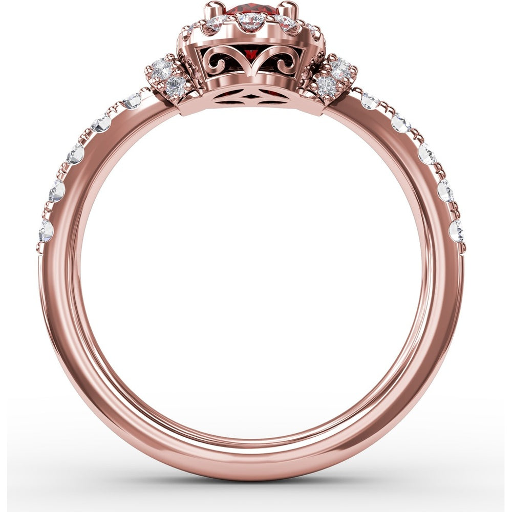 Double Halo Ring with Oval Ruby and Pavé Split Shank Diamonds by Fana - 1.20 Carat Total Gemstone Weight