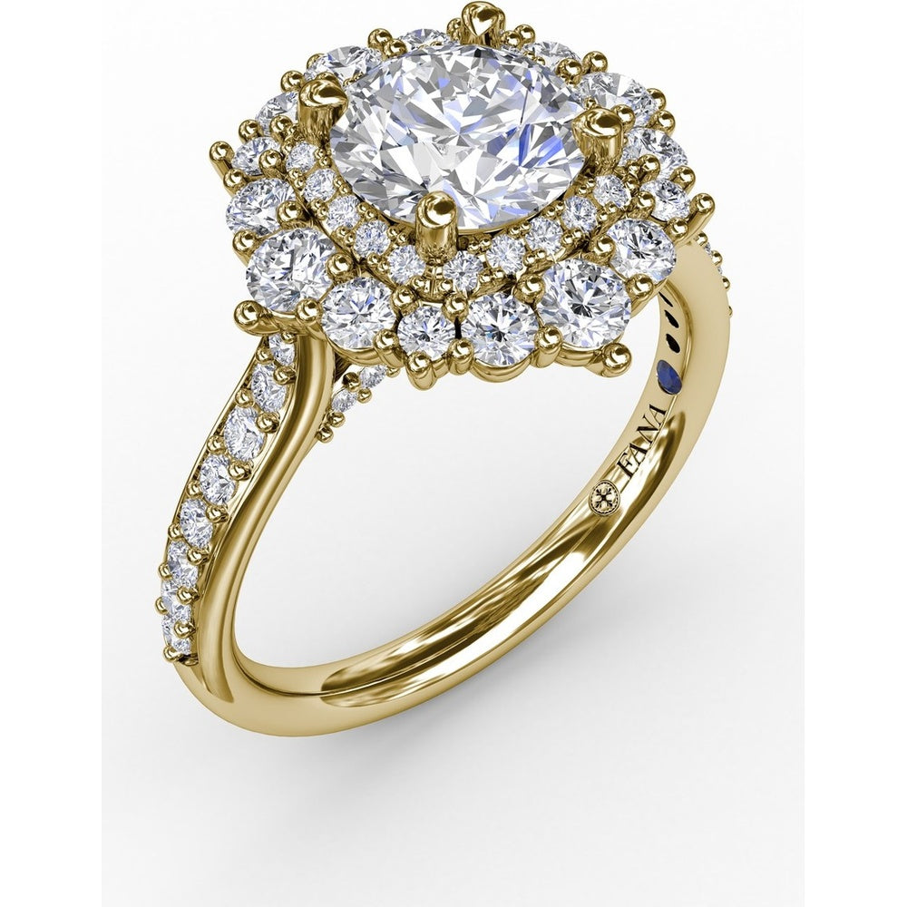 Double Halo Round Diamond Engagement Ring Setting with Pavé Diamond Band by Fana - 0.89 Carat Total Diamond Weight