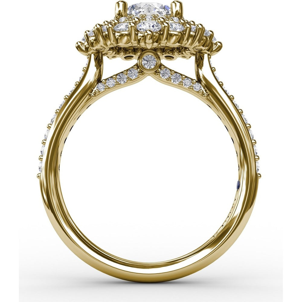 Double Halo Round Diamond Engagement Ring Setting with Pavé Diamond Band by Fana - 0.89 Carat Total Diamond Weight