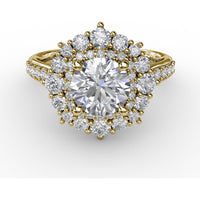 Double Halo Round Diamond Engagement Ring Setting with Pavé Diamond Band by Fana - 0.89 Carat Total Diamond Weight