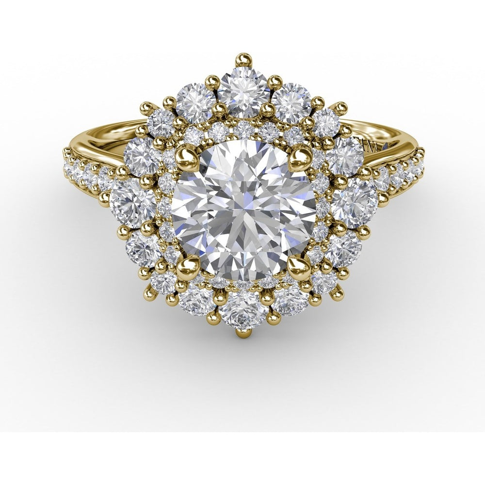 Double Halo Round Diamond Engagement Ring Setting with Pavé Diamond Band by Fana - 0.89 Carat Total Diamond Weight