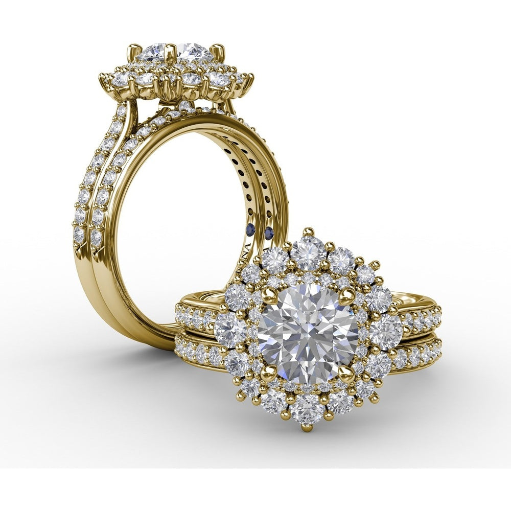 Double Halo Round Diamond Engagement Ring Setting with Pavé Diamond Band by Fana - 0.89 Carat Total Diamond Weight
