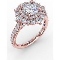 Double Halo Round Diamond Engagement Ring Setting with Pavé Diamond Band by Fana - 0.89 Carat Total Diamond Weight