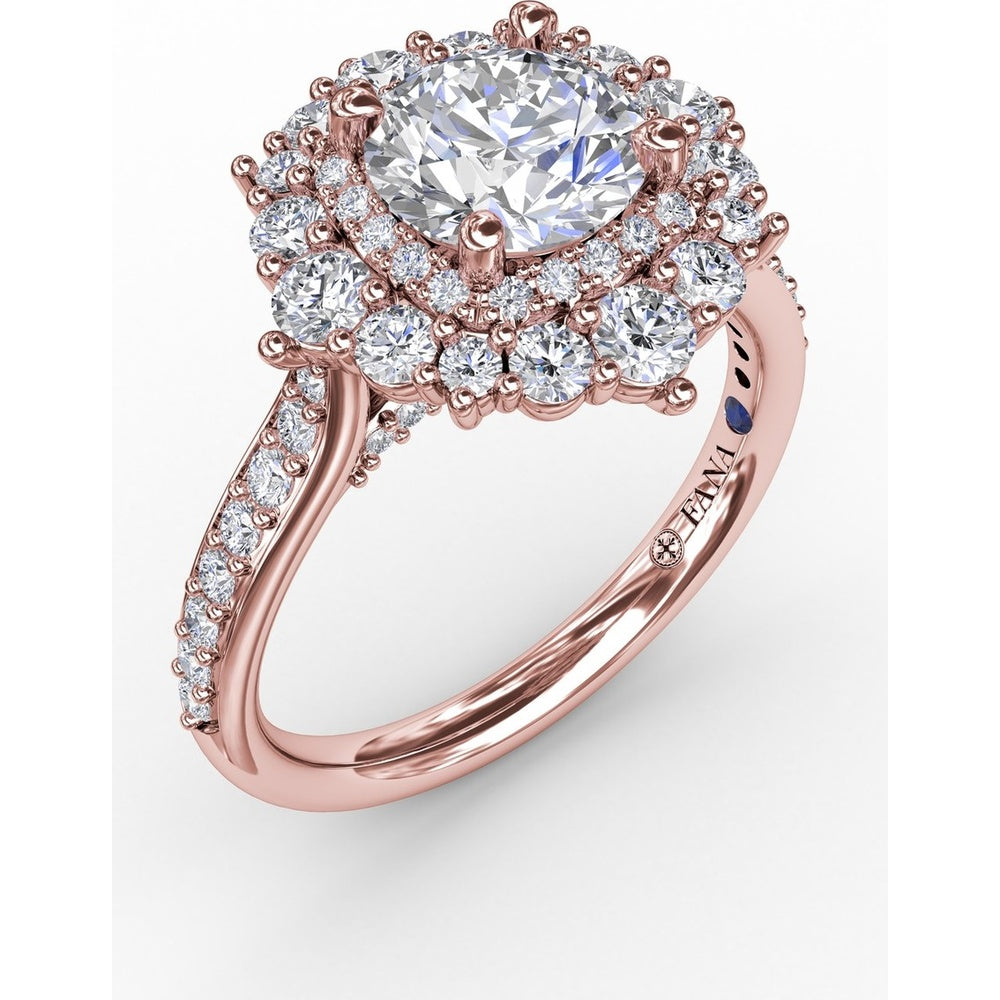 Double Halo Round Diamond Engagement Ring Setting with Pavé Diamond Band by Fana - 0.89 Carat Total Diamond Weight