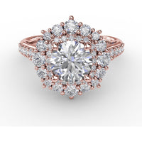 Double Halo Round Diamond Engagement Ring Setting with Pavé Diamond Band by Fana - 0.89 Carat Total Diamond Weight