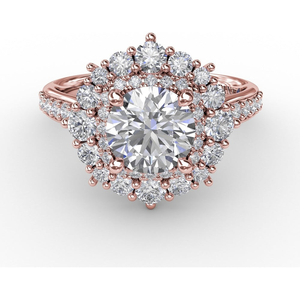 Double Halo Round Diamond Engagement Ring Setting with Pavé Diamond Band by Fana - 0.89 Carat Total Diamond Weight