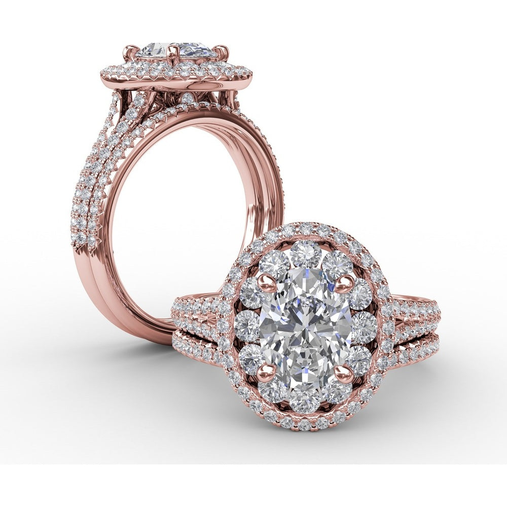 Double Halo Round Diamond Engagement Ring Setting with Split Pavé Diamond Shank by Fana - 0.74 Carat Total Diamond Weight