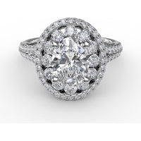 Double Halo Round Diamond Engagement Ring Setting with Split Pavé Diamond Shank by Fana - 0.74 Carat Total Diamond Weight