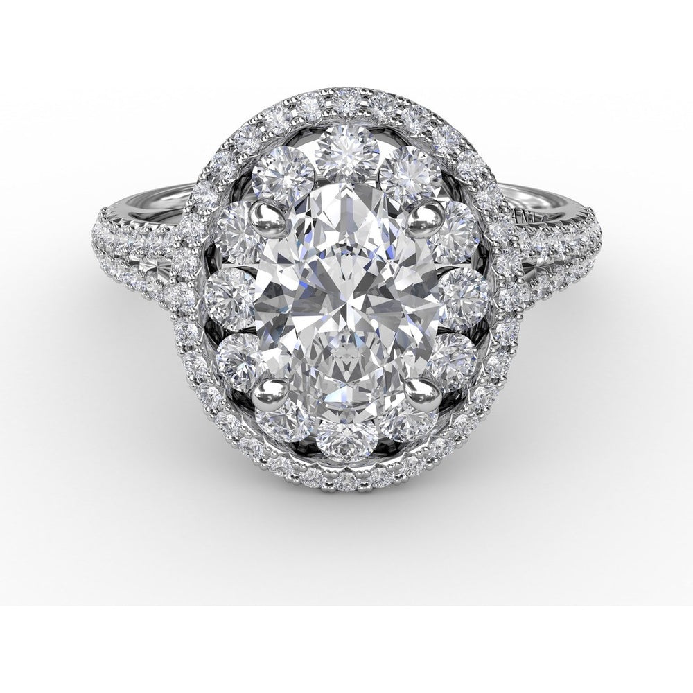 Double Halo Round Diamond Engagement Ring Setting with Split Pavé Diamond Shank by Fana - 0.74 Carat Total Diamond Weight