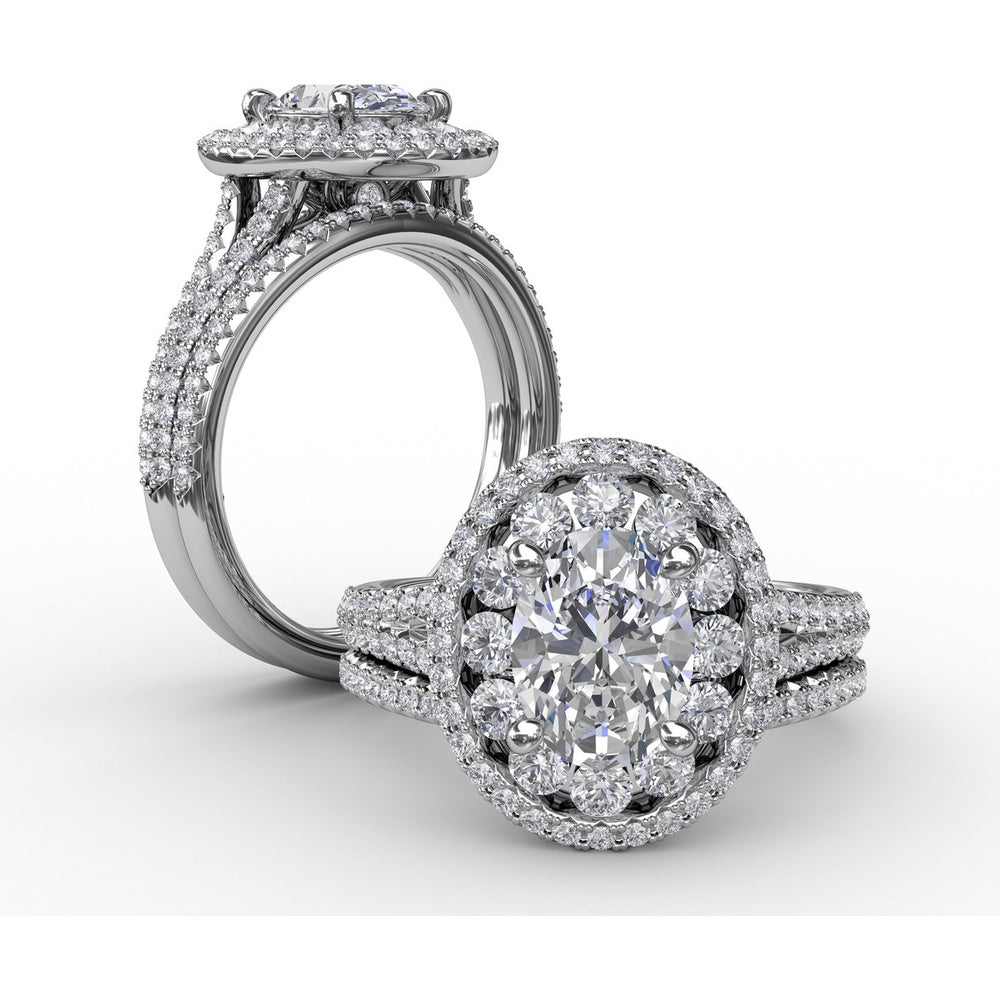 Double Halo Round Diamond Engagement Ring Setting with Split Pavé Diamond Shank by Fana - 0.74 Carat Total Diamond Weight