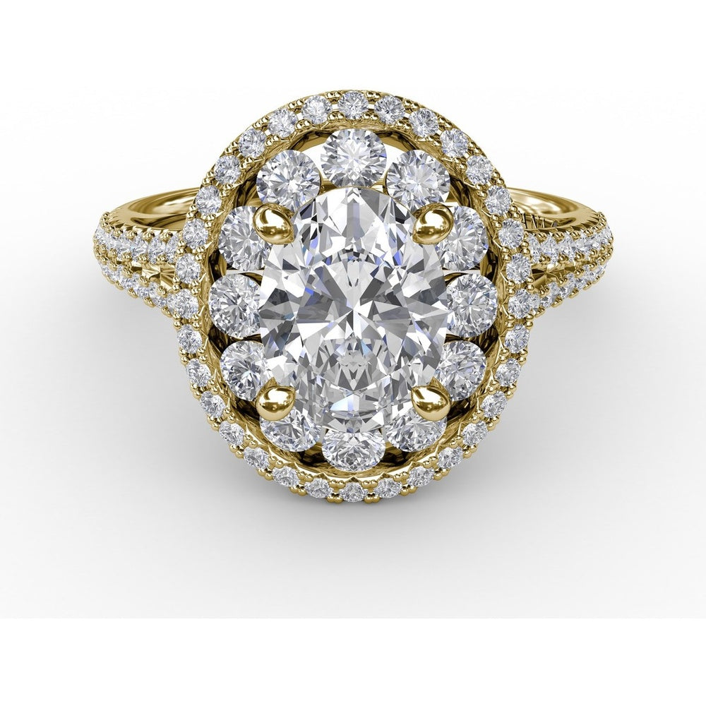 Double Halo Round Diamond Engagement Ring Setting with Split Pavé Diamond Shank by Fana - 0.74 Carat Total Diamond Weight