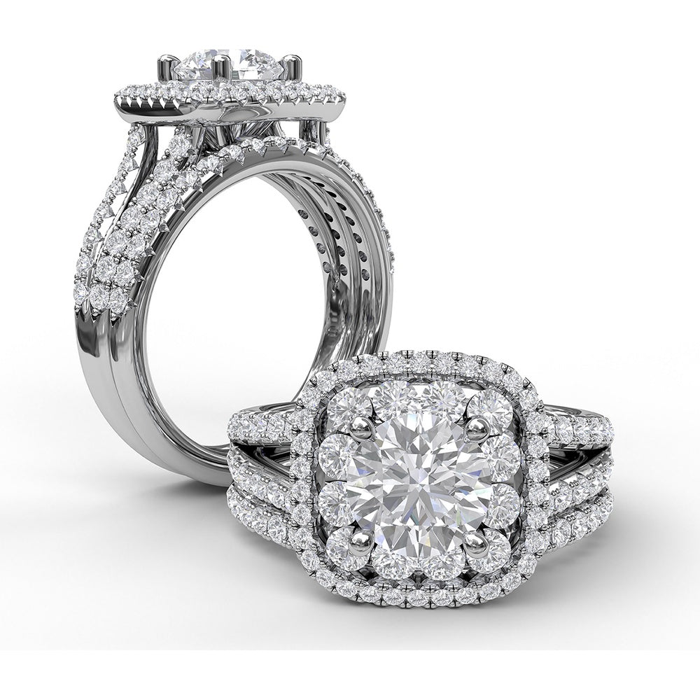 Double Halo Split Shank Engagement Ring Setting with Round Diamonds by Fana - 1.10 Carat Total Diamond Weight