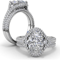Double Pavé Halo Engagement Ring Setting with Round Side Stones by Fana - 0.79 Carat Total Diamond Weight
