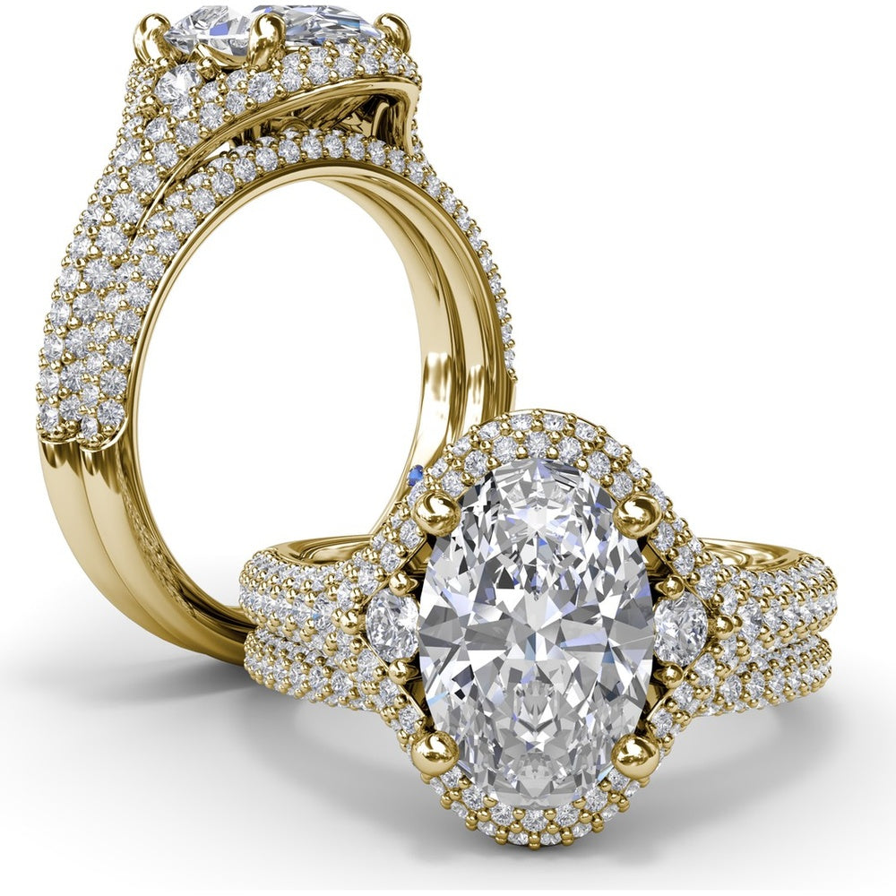 Double Pavé Halo Engagement Ring Setting with Round Side Stones by Fana - 0.79 Carat Total Diamond Weight