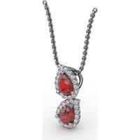 Double Pear-Shaped Ruby Pendant with Diamond Halo by Fana - 1.21 Carat Total Gemstone Weight