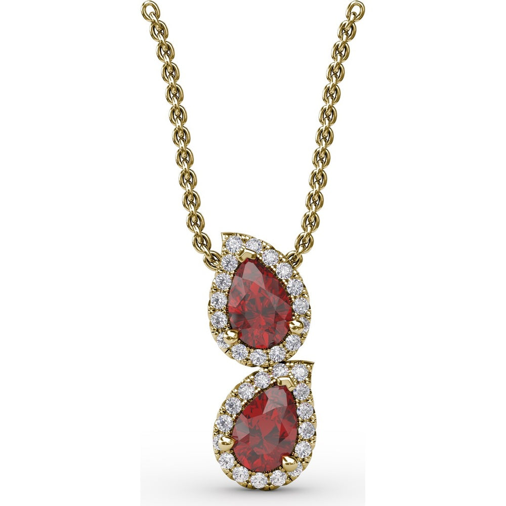 Double Pear-Shaped Ruby Pendant with Diamond Halo by Fana - 1.21 Carat Total Gemstone Weight