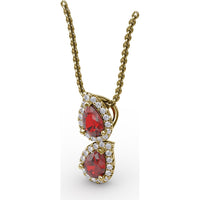 Double Pear-Shaped Ruby Pendant with Diamond Halo by Fana - 1.21 Carat Total Gemstone Weight