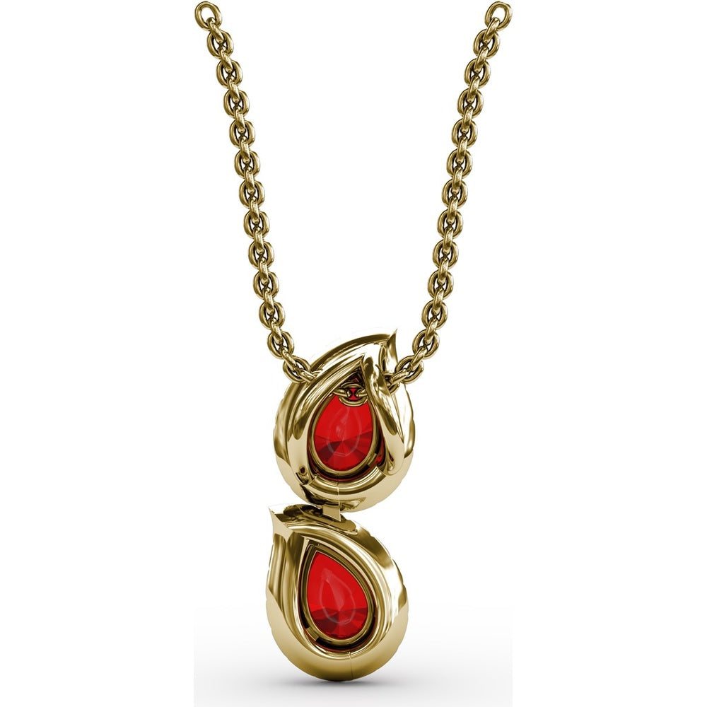 Double Pear-Shaped Ruby Pendant with Diamond Halo by Fana - 1.21 Carat Total Gemstone Weight