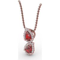 Double Pear-Shaped Ruby Pendant with Diamond Halo by Fana - 1.21 Carat Total Gemstone Weight