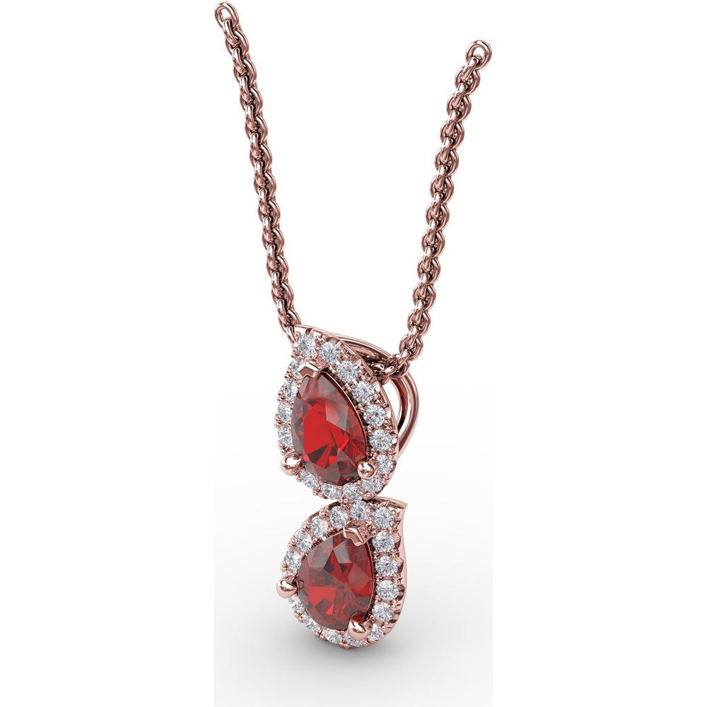 Double Pear-Shaped Ruby Pendant with Diamond Halo by Fana - 1.21 Carat Total Gemstone Weight