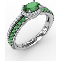 Double Row Band with Oval Emerald and Pavé Diamond Halo by Fana - 0.98 Carat Total Gemstone Weight