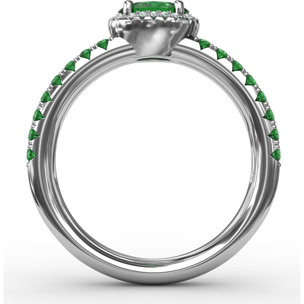 Double Row Band with Oval Emerald and Pavé Diamond Halo by Fana - 0.98 Carat Total Gemstone Weight