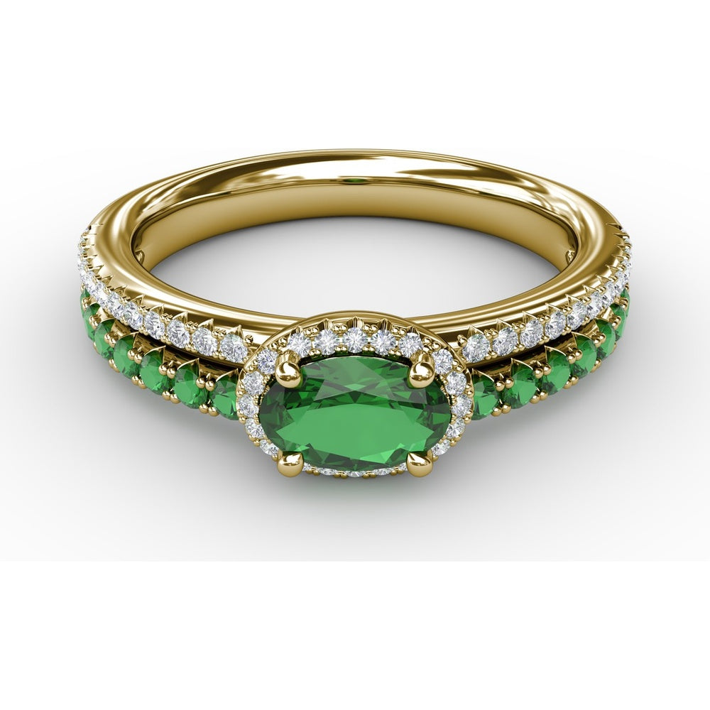 Double Row Band with Oval Emerald and Pavé Diamond Halo by Fana - 0.98 Carat Total Gemstone Weight