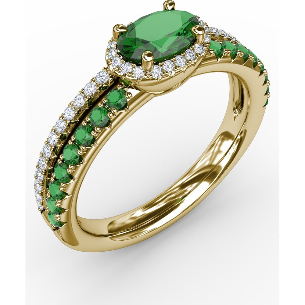 Double Row Band with Oval Emerald and Pavé Diamond Halo by Fana - 0.98 Carat Total Gemstone Weight