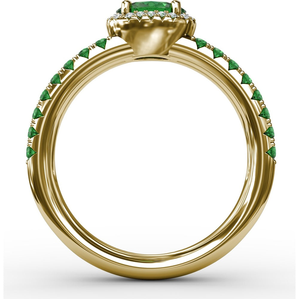 Double Row Band with Oval Emerald and Pavé Diamond Halo by Fana - 0.98 Carat Total Gemstone Weight