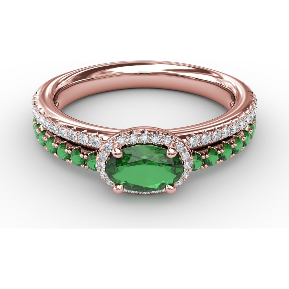Double Row Band with Oval Emerald and Pavé Diamond Halo by Fana - 0.98 Carat Total Gemstone Weight