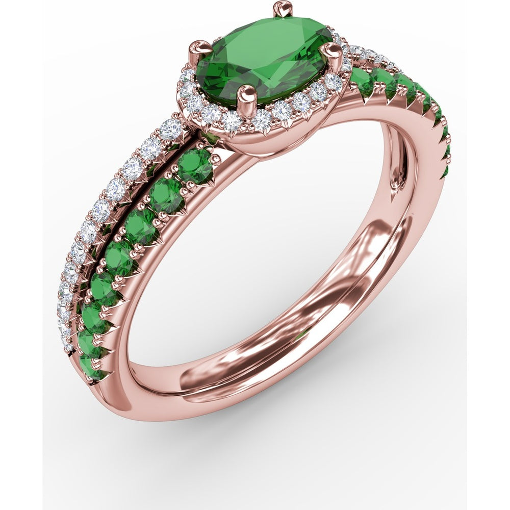 Double Row Band with Oval Emerald and Pavé Diamond Halo by Fana - 0.98 Carat Total Gemstone Weight