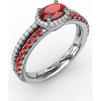 Double Row Oval Ruby and Pavé Diamond Band with Halo by Fana - 0.98 Carat Total Gemstone Weight