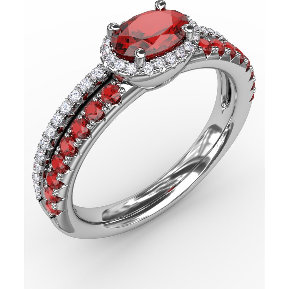 Double Row Oval Ruby and Pavé Diamond Band with Halo by Fana - 0.98 Carat Total Gemstone Weight