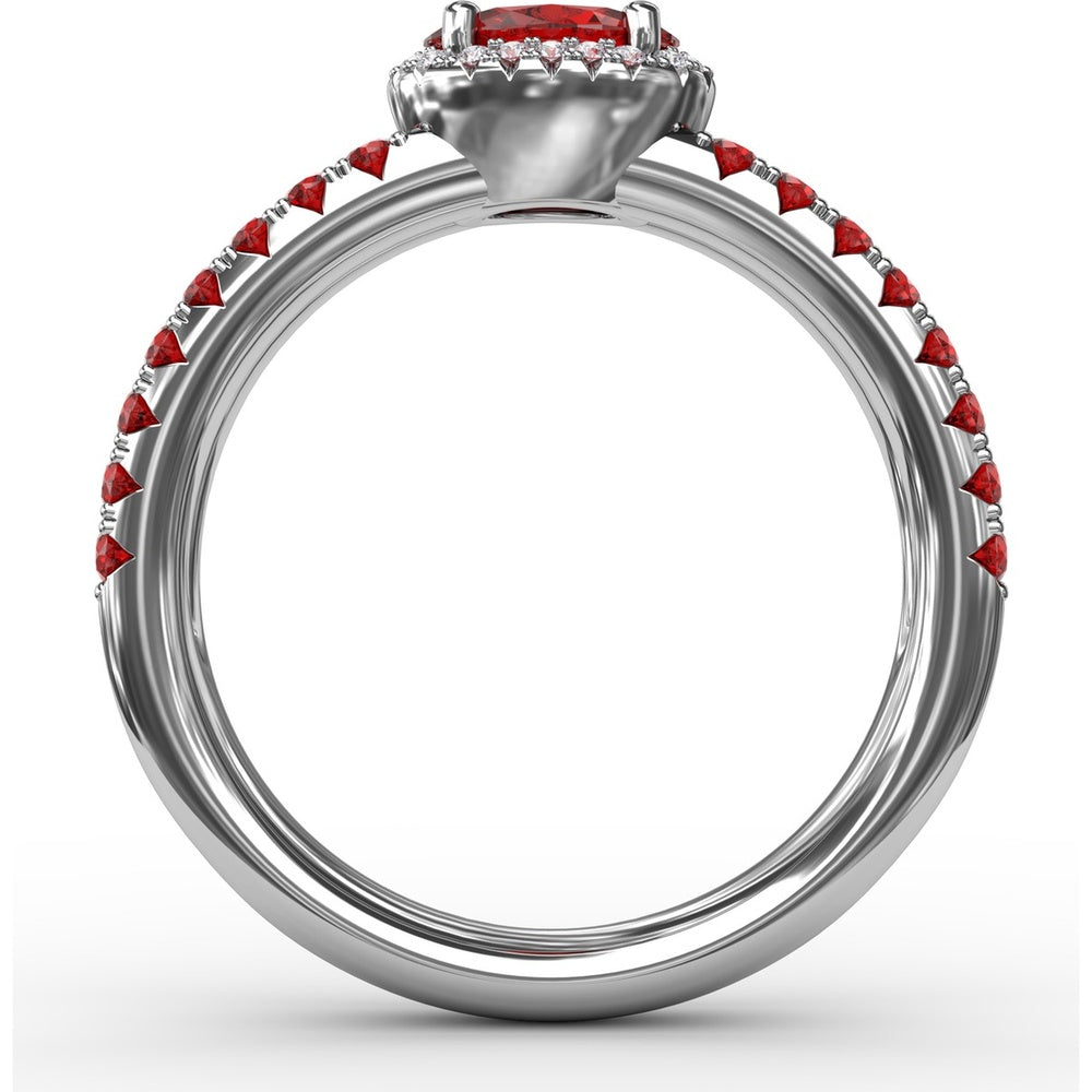 Double Row Oval Ruby and Pavé Diamond Band with Halo by Fana - 0.98 Carat Total Gemstone Weight