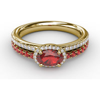 Double Row Oval Ruby and Pavé Diamond Band with Halo by Fana - 0.98 Carat Total Gemstone Weight