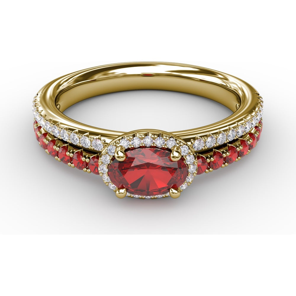 Double Row Oval Ruby and Pavé Diamond Band with Halo by Fana - 0.98 Carat Total Gemstone Weight