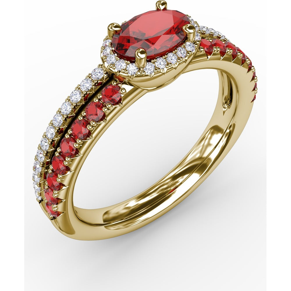 Double Row Oval Ruby and Pavé Diamond Band with Halo by Fana - 0.98 Carat Total Gemstone Weight