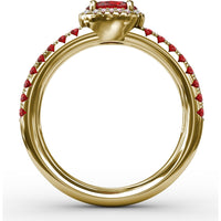 Double Row Oval Ruby and Pavé Diamond Band with Halo by Fana - 0.98 Carat Total Gemstone Weight