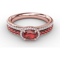 Double Row Oval Ruby and Pavé Diamond Band with Halo by Fana - 0.98 Carat Total Gemstone Weight