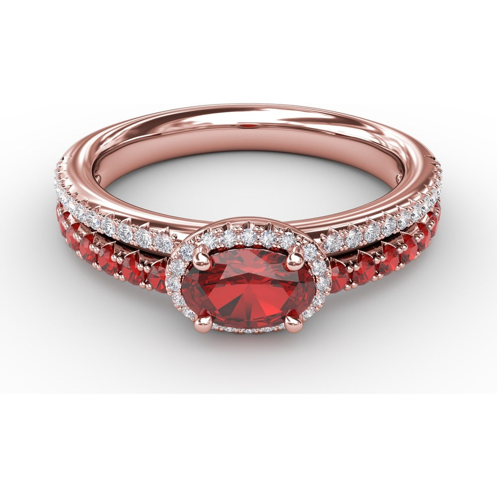 Double Row Oval Ruby and Pavé Diamond Band with Halo by Fana - 0.98 Carat Total Gemstone Weight