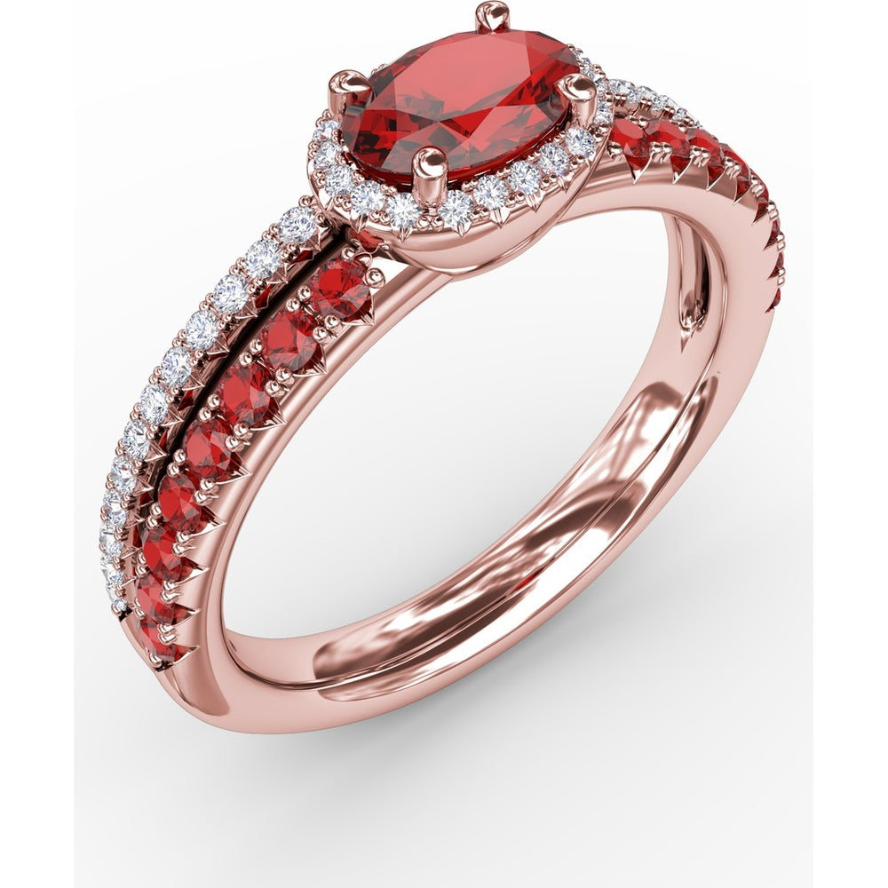 Double Row Oval Ruby and Pavé Diamond Band with Halo by Fana - 0.98 Carat Total Gemstone Weight