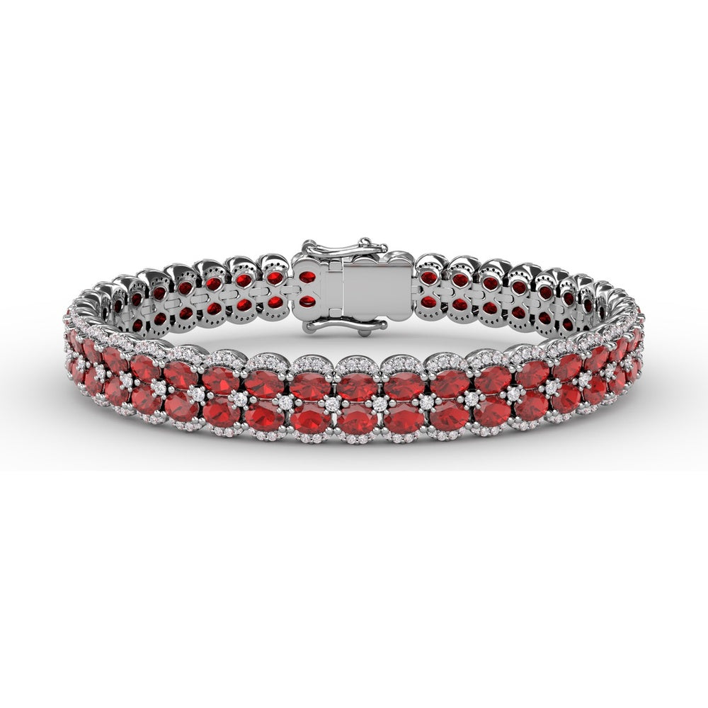 Double Row Oval Ruby Bracelet with Pavé Diamond Borders by Fana - 21.83 Carat Total Gemstone Weight