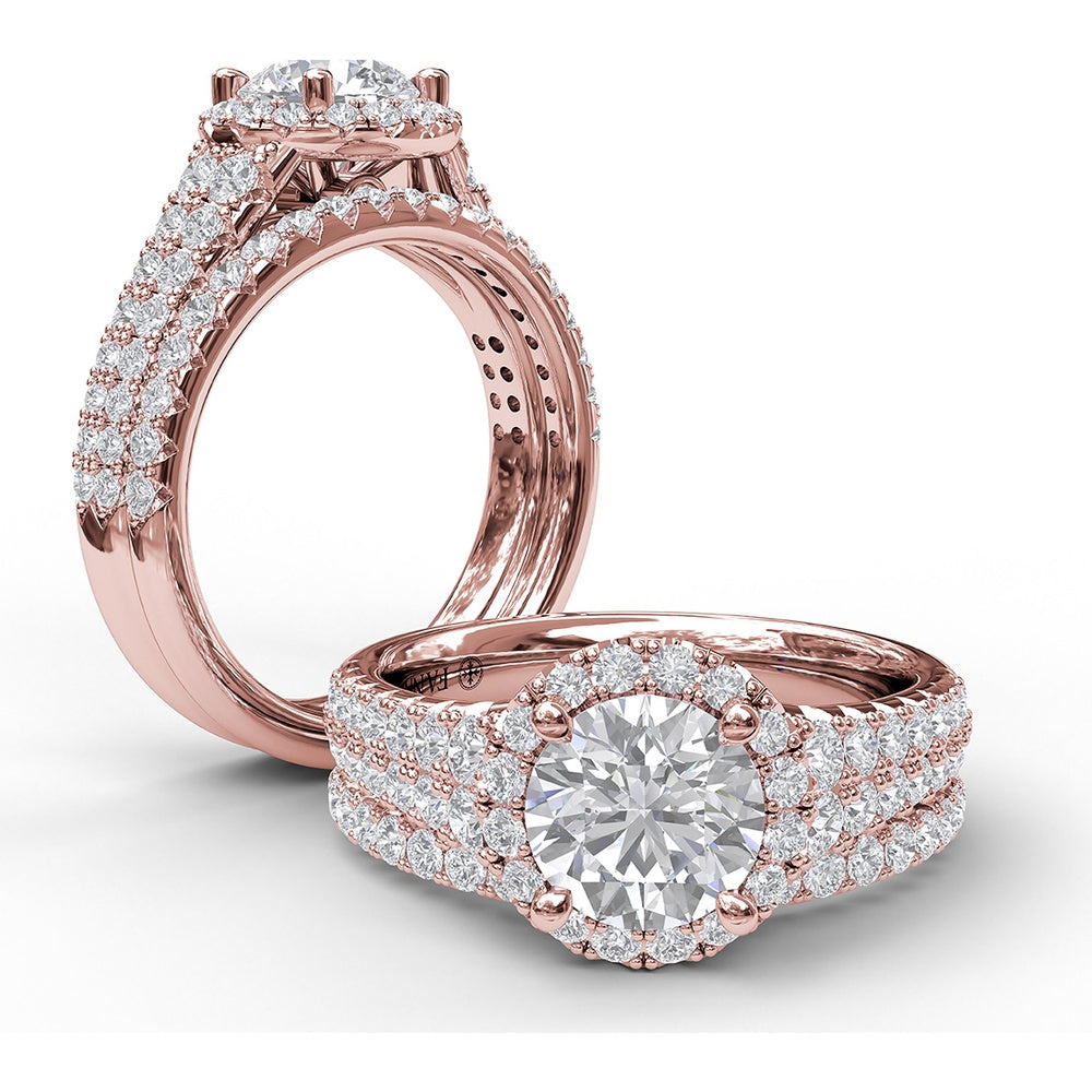 Double Row Pavé Engagement Ring Setting with Round Diamond Halo by Fana - 0.75 Carat Total Diamond Weight