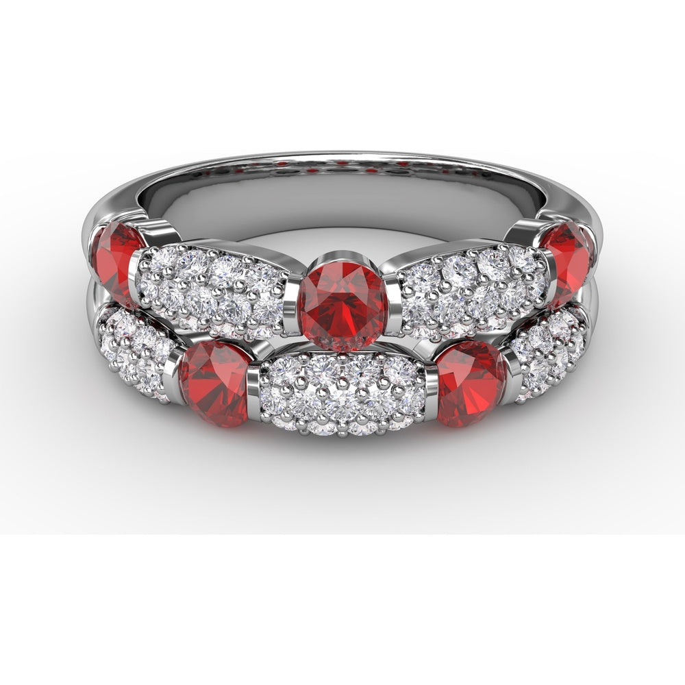 Double Row Ring with Round Bezel-Set Rubies and Pavé Diamonds by Fana - 1.76 Carat Total Gemstone Weight