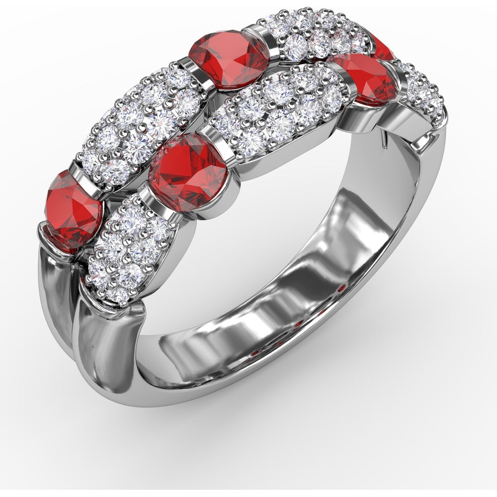 Double Row Ring with Round Bezel-Set Rubies and Pavé Diamonds by Fana - 1.76 Carat Total Gemstone Weight