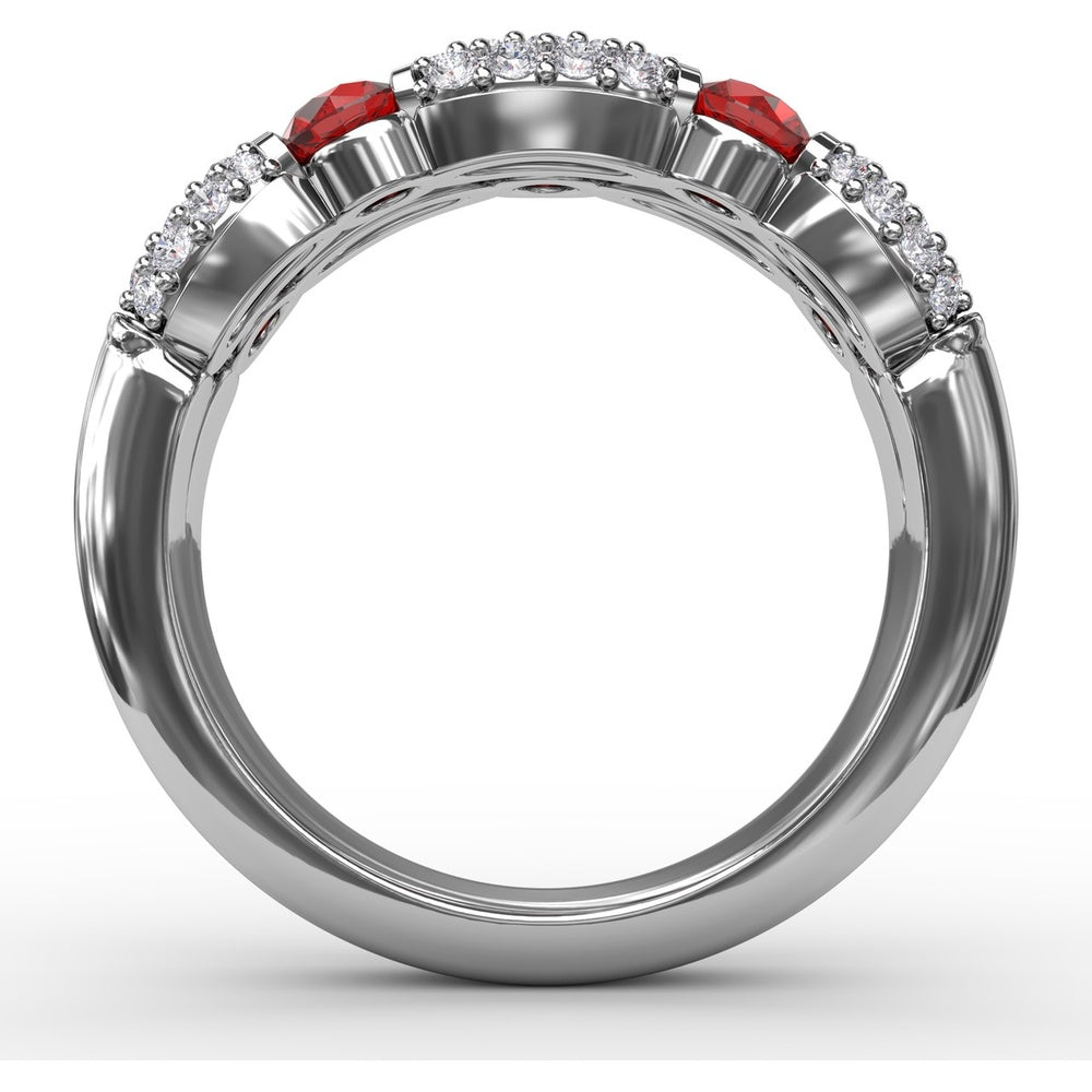 Double Row Ring with Round Bezel-Set Rubies and Pavé Diamonds by Fana - 1.76 Carat Total Gemstone Weight