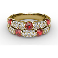 Double Row Ring with Round Bezel-Set Rubies and Pavé Diamonds by Fana - 1.76 Carat Total Gemstone Weight
