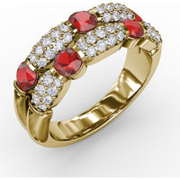 Double Row Ring with Round Bezel-Set Rubies and Pavé Diamonds by Fana - 1.76 Carat Total Gemstone Weight
